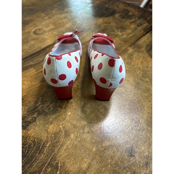 Red White Polka Dot Leather Peep Toe 2.5in Heels Bellini Bow  7 Retro Coquette - Picture 3 of 14